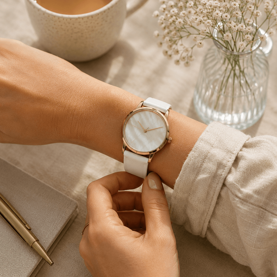 Holiday – Feines Uhrenarmband aus Leder für Damenuhren, Model mit weißem Zifferblatt und elegantem Design.