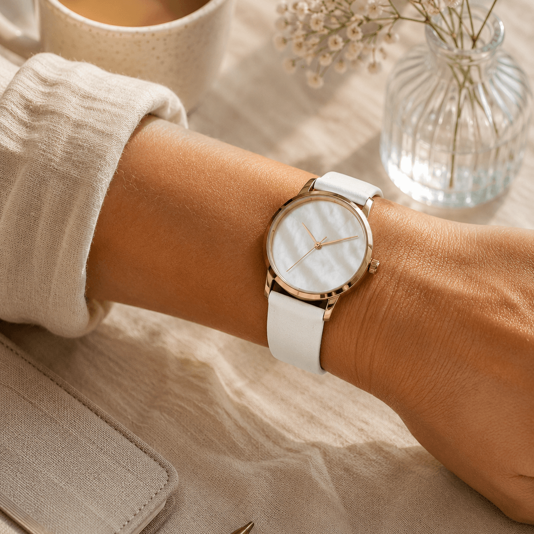 Holiday – Feines Uhrenarmband aus Leder für Damenuhren, stilvolle Damenuhr mit weißem Uhrenarmband.