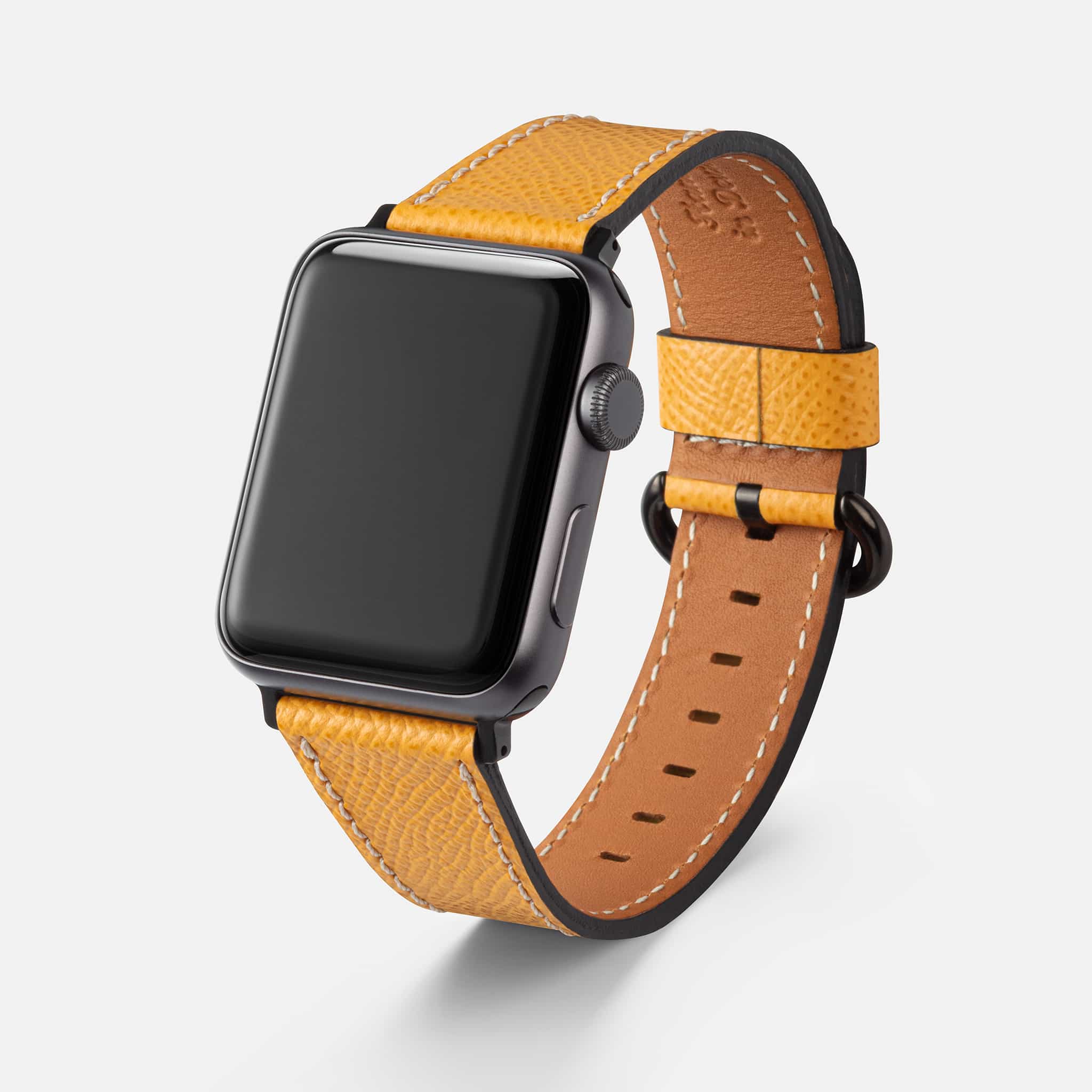 Gelbes Epsom Leder-Armband für Apple Watch – Handgefertigtes, strapazierfähiges Lederarmband aus Epsom-Leder, Freistelleransicht mit Apple Watch