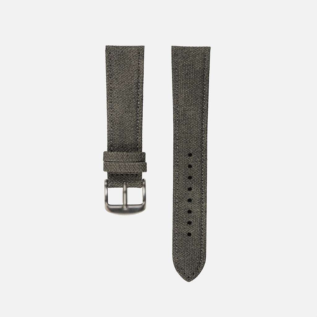 Graues Canvas-Uhrenarmband, 20 mm breit, als Freisteller auf grauem Hintergrund