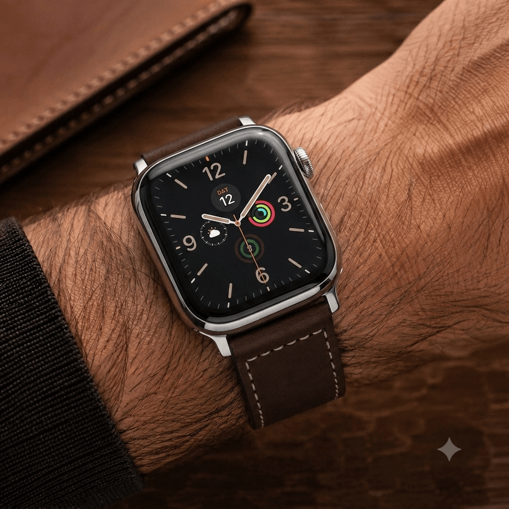 Saddle – Handgefertigtes Lederarmband passend für Apple Watch in Dunkelbraun am Handgelenk