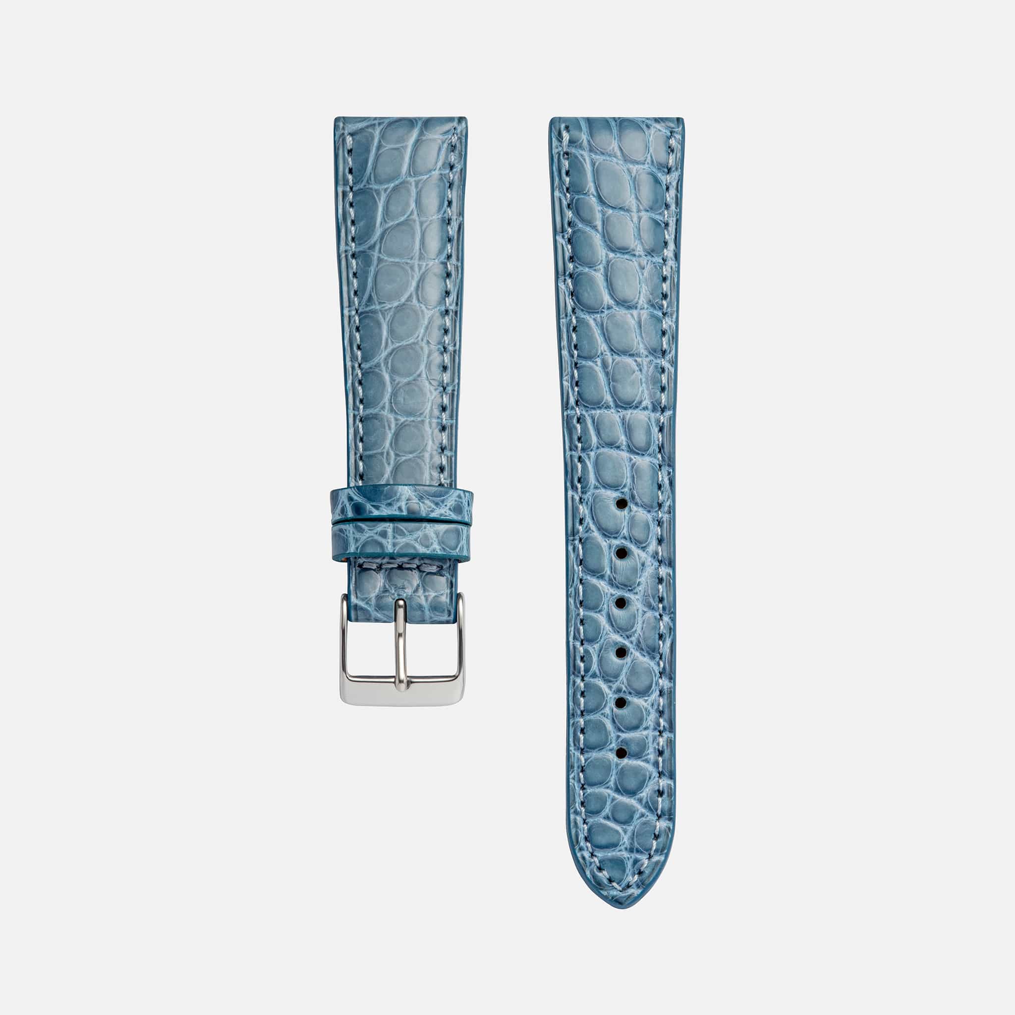 Hellblaues glänzendes Alligatorband – Handgefertigtes, strapazierfähiges Alligatorlederarmband in hellblauer Ausführung, Made in Germany, ideal für luxuriöse Uhren wie die Rolex Oyster Date Precision