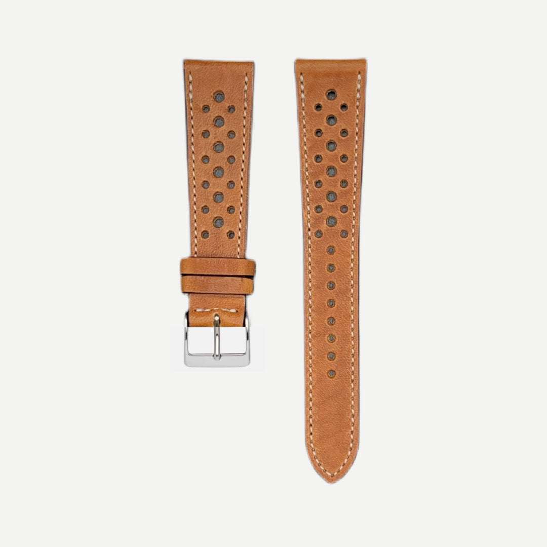 Hellbraunes Horween Dublin Leder Uhrenarmband – Vorderansicht des strapazierfähigen, handgefertigten Uhrenarmbands aus hochwertigem Horween Dublin Leder, das durch pflanzliche Tannine nachhaltig gegerbt wird und für seine Langlebigkeit sowie elegante Ausstrahlung bekannt ist