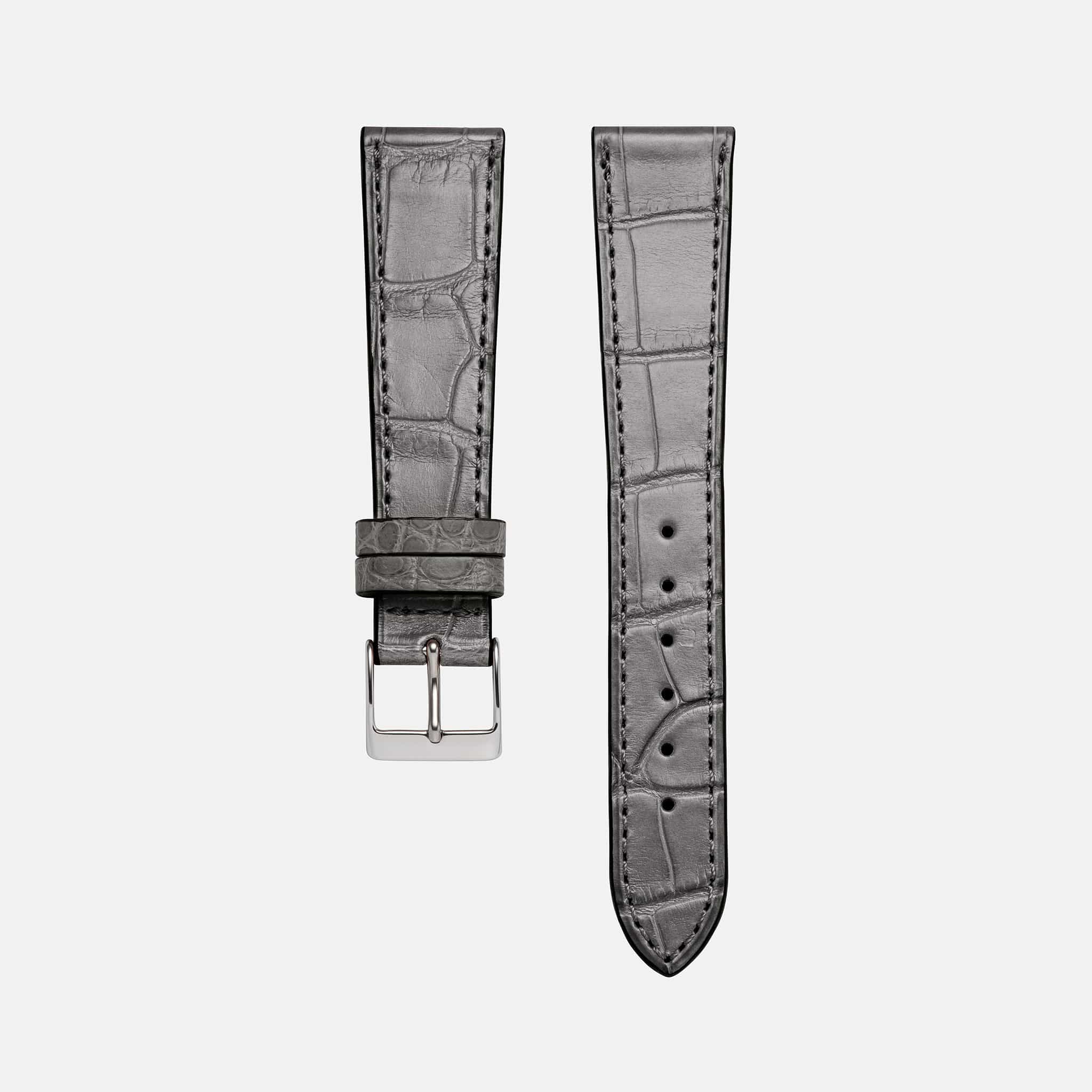 Hellgraues Fluco Alligatorleder Uhrenarmband – Freisteller des hochwertigen hellgrauen Alligatorlederarmbands, Made in Germany, ideal für luxuriöse Zeitmesser wie die Rolex