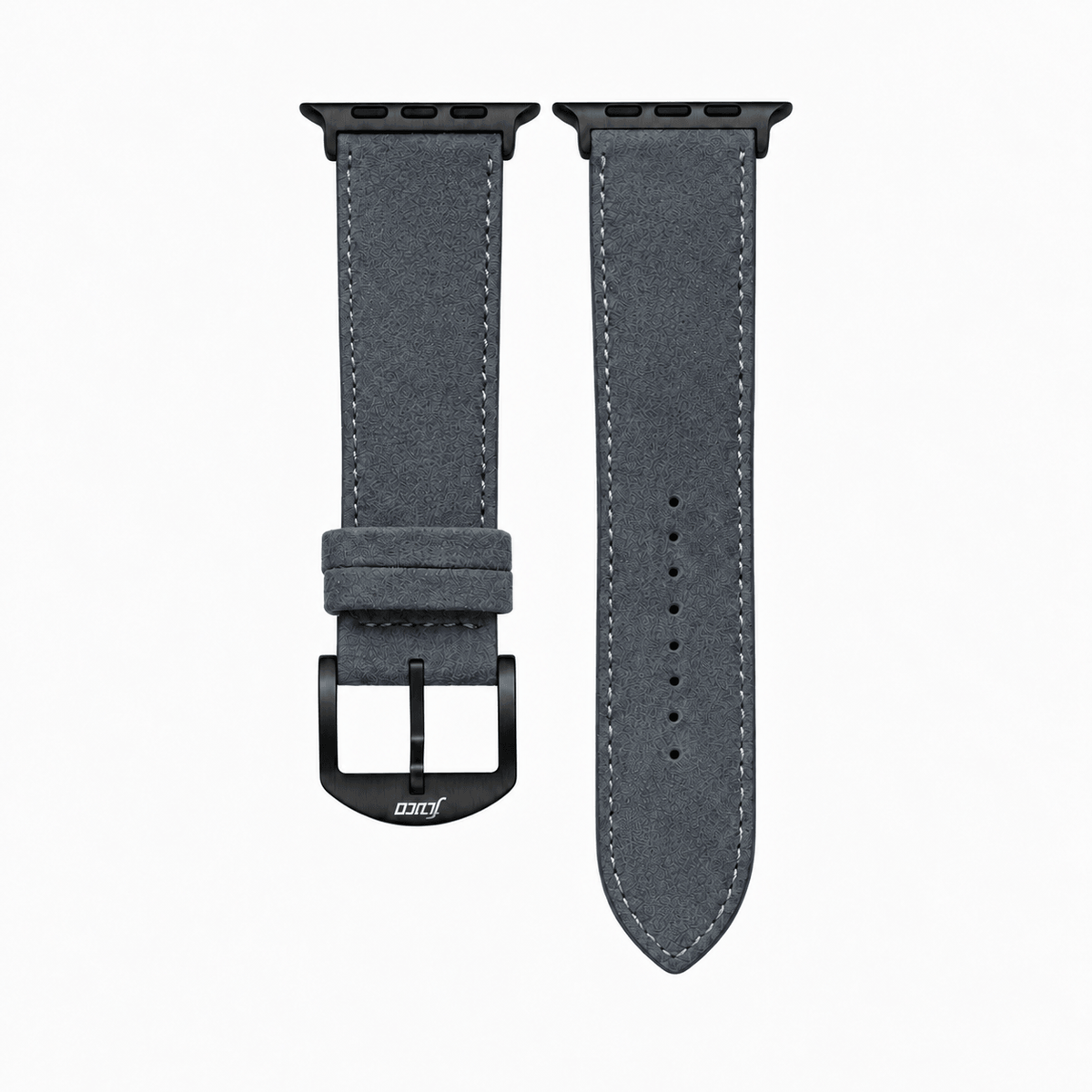 Alcantara – Apple Watch Armband in Dunkelgrau, hochwertiges Alcántara apple watch armband, schwarze Hardware, Länge M.