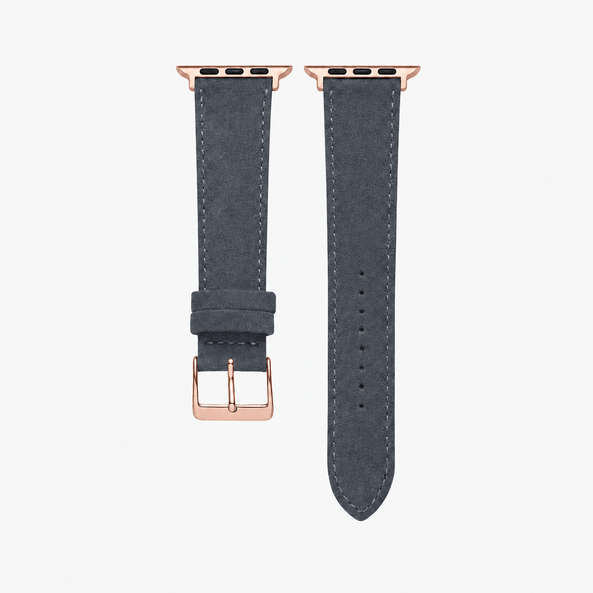Alcantara – Apple Watch Armband in Dunkelgrau, hochwertiges Alcántara mit roségoldener Hardware, stilvolles Armband für jede Gelegenheit.