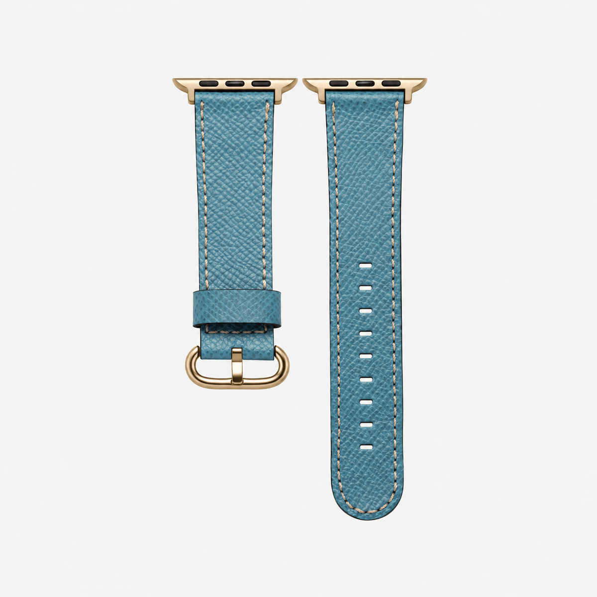 Luxuriöses Apple Watch Lederarmband Damen Cupertino Hellblau aus hochwertigem Epsom Kalbleder mit Goldhardware.