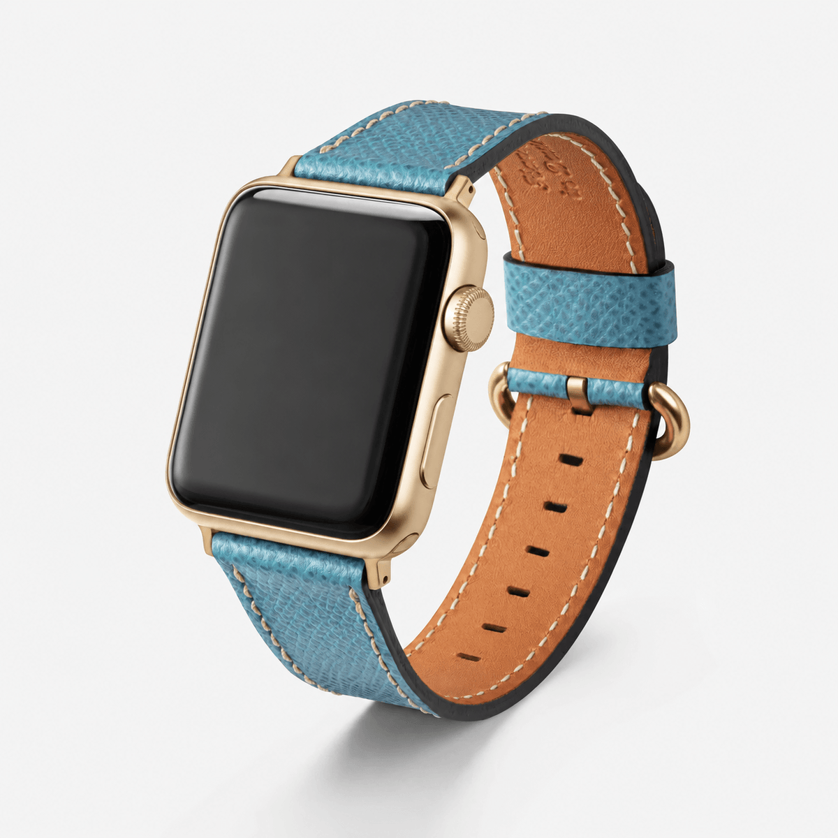 Luxuriöses Apple Watch Lederarmband Damen Cupertino Hellblau mit feinstem Kalbleder in zartem Hellblau.