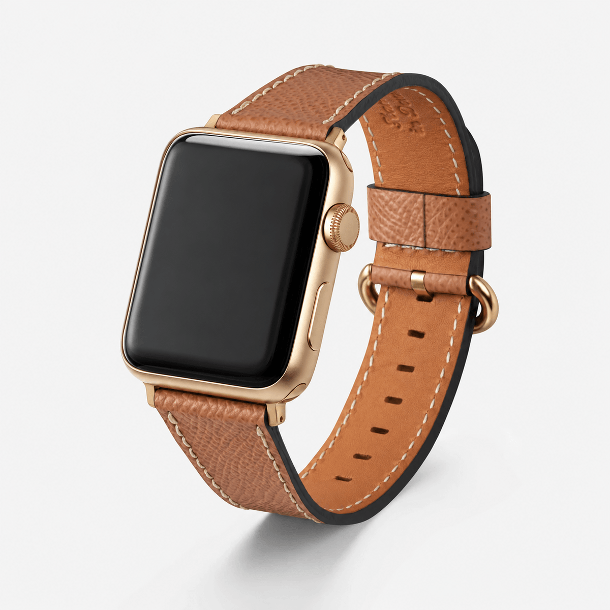 Luxuriöses Apple Watch Lederarmband Damen Cupertino Hellbraun mit edlem Epsom Kalbleder in Hellbraun.