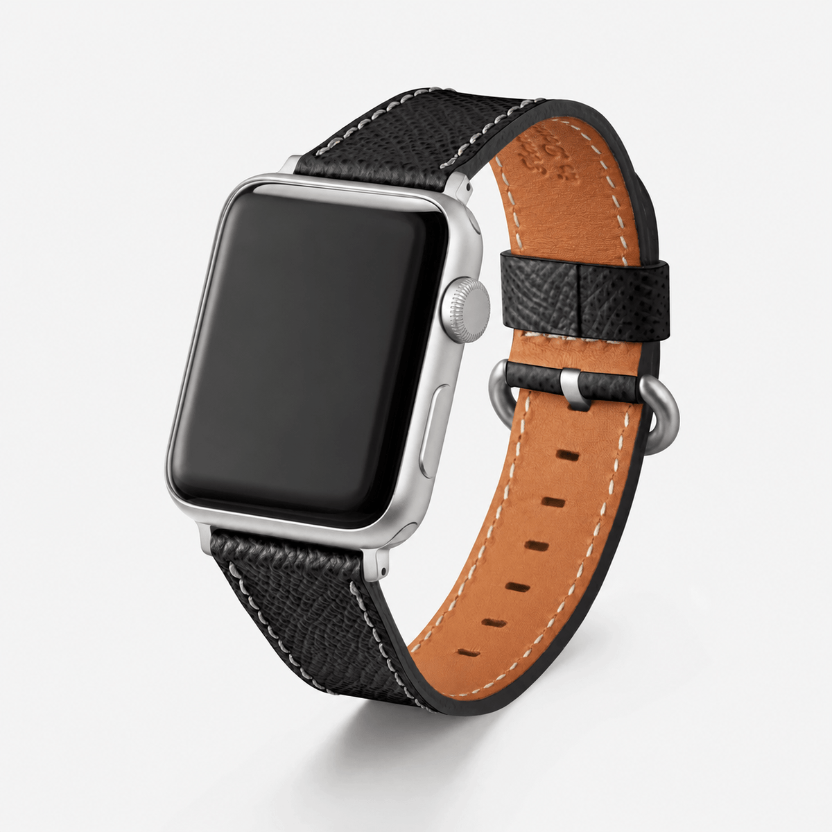Luxuriöses Apple Watch Lederarmband Damen Cupertino Schwarz an einer Apple Watch.
