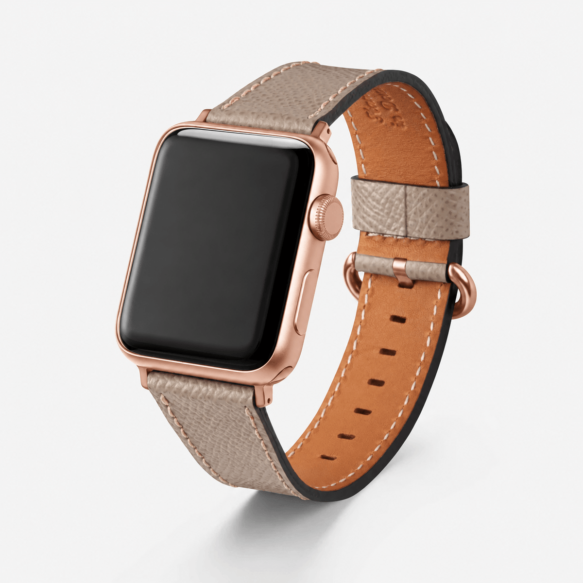 Luxuriöses Apple Watch Lederarmband Damen Cupertino Taupe in Taupe mit rosegoldener Uhr.