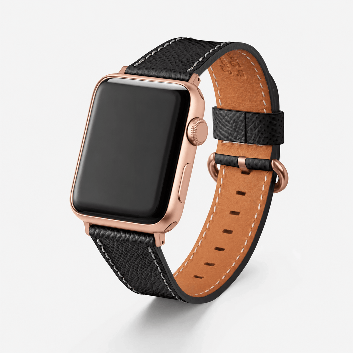 Luxuriöses Apple Watch Lederarmband Damen Cupertino Schwarz am eleganten Rose-Gold Gehäuse.