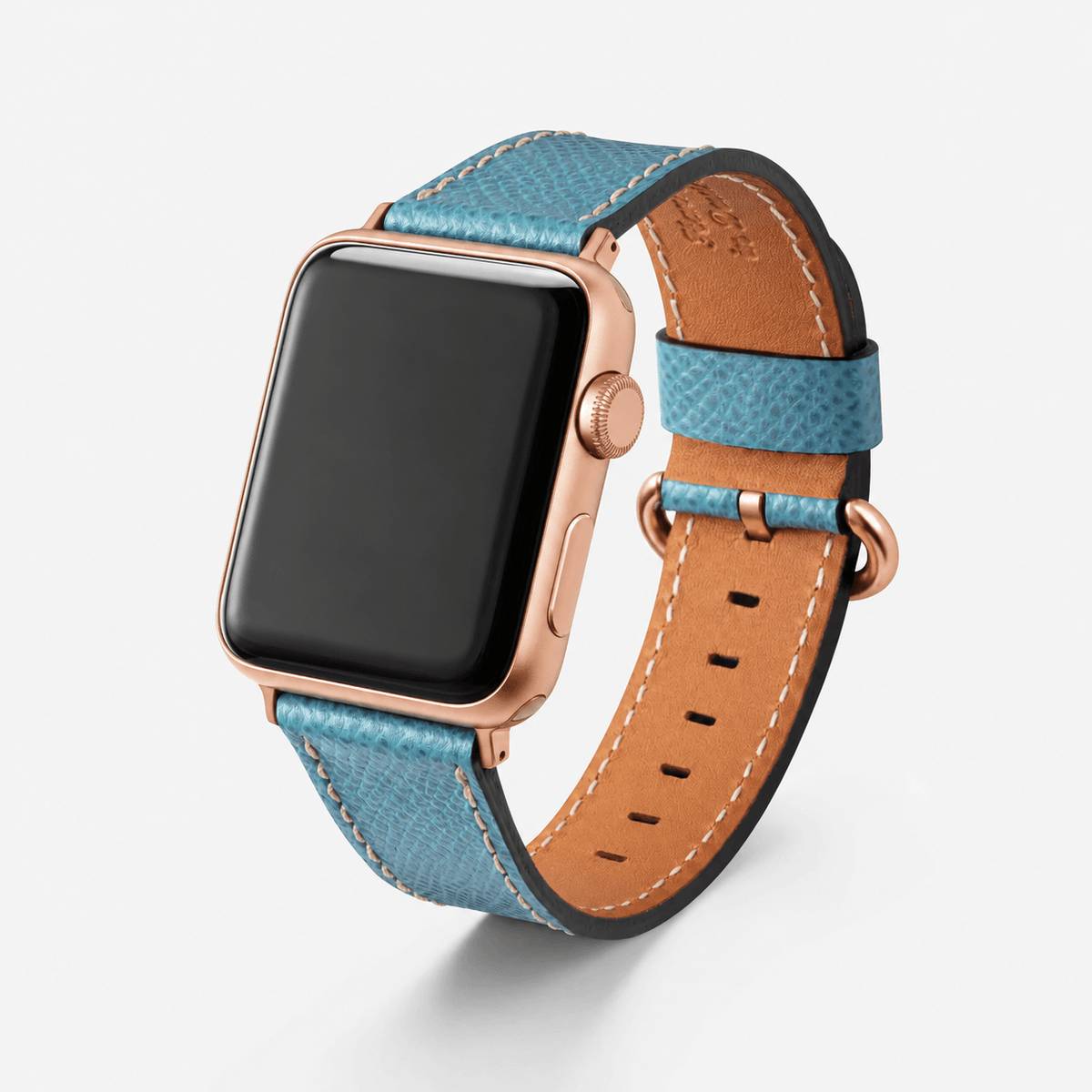 Luxuriöses Apple Watch Lederarmband Damen Cupertino Hellblau in Hellblau und Braun, elegant und hochwertig.