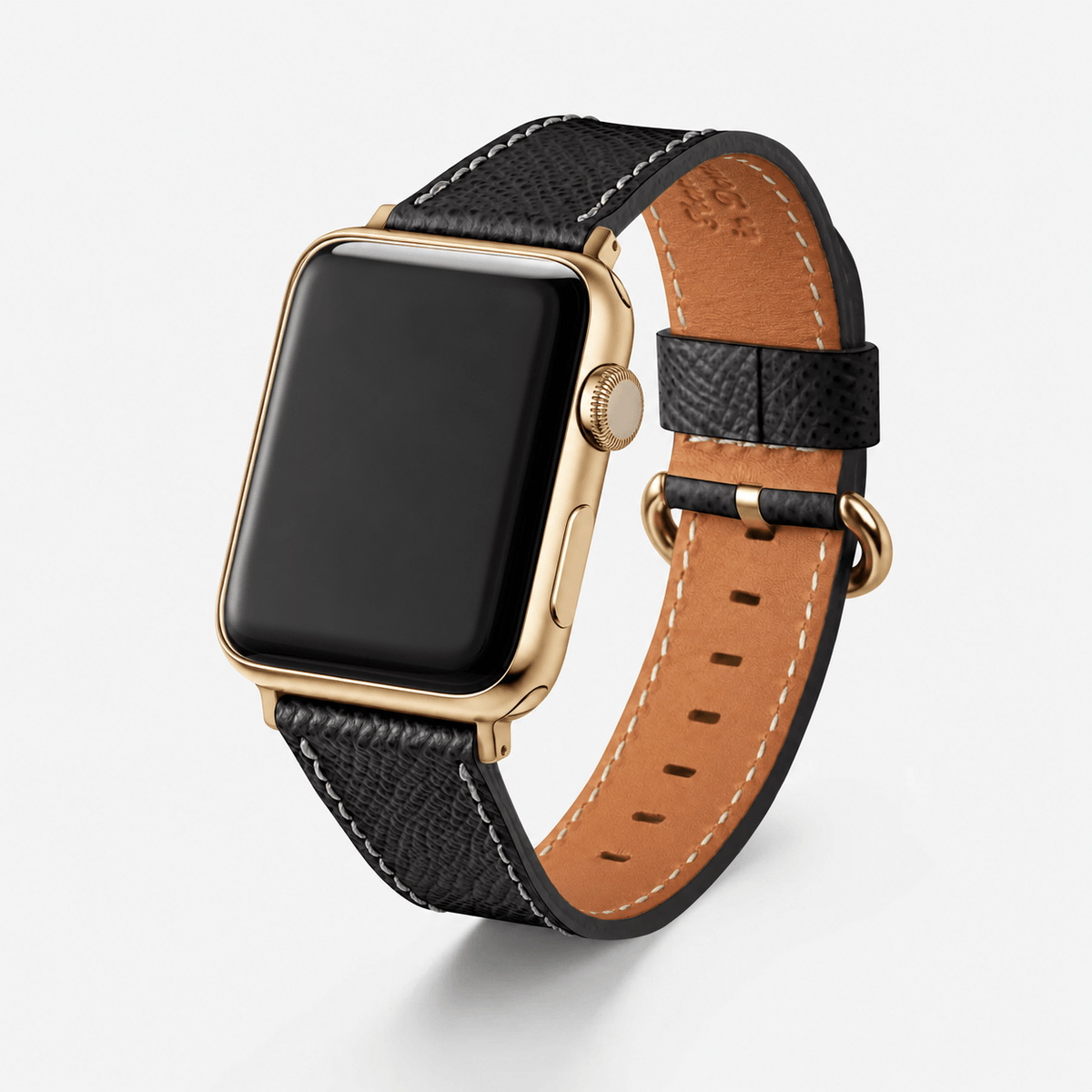 Luxuriöses Apple Watch Lederarmband Damen Cupertino Schwarz an goldener Apple Watch, stilvolles Design und edles Kalbleder.