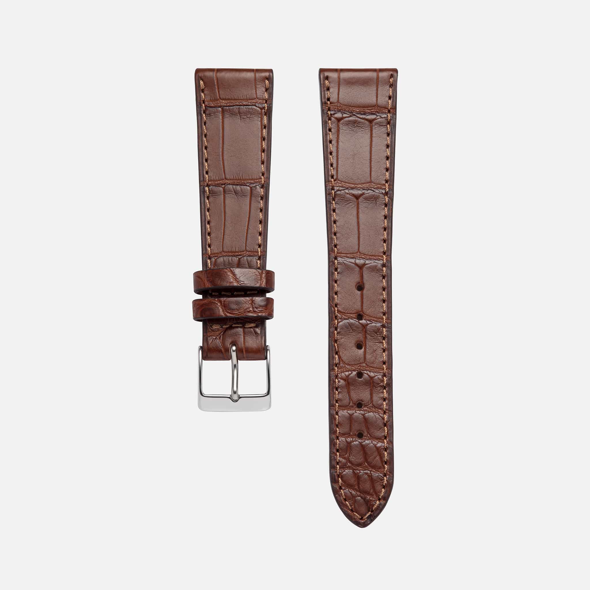 Mittelbraunes Fluco Alligatorleder Uhrenarmband – Freisteller des hochwertigen mittelbraunen Alligatorlederarmbands, Made in Germany, ideal für luxuriöse Zeitmesser wie die Rolex