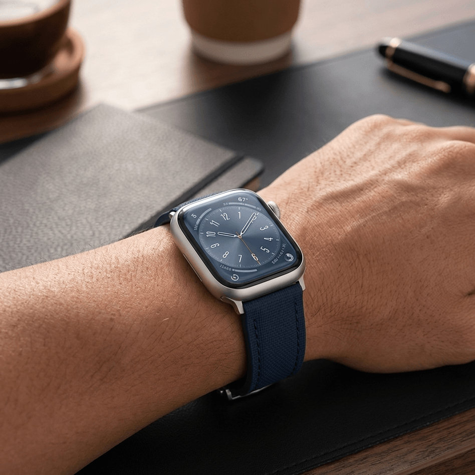 Monaco Blau –  Faltschließen Apple Watch aus FKM Kautschuk am Handgelenk mit modernem Design.