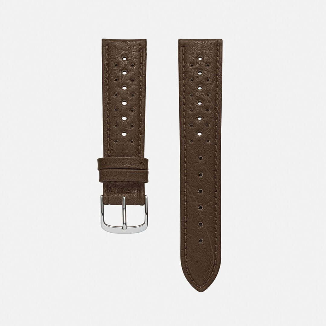 FLUCO Leder-Uhrenarmband in Dunkelbraun, klassisch genäht mit weißer Kontrastnaht