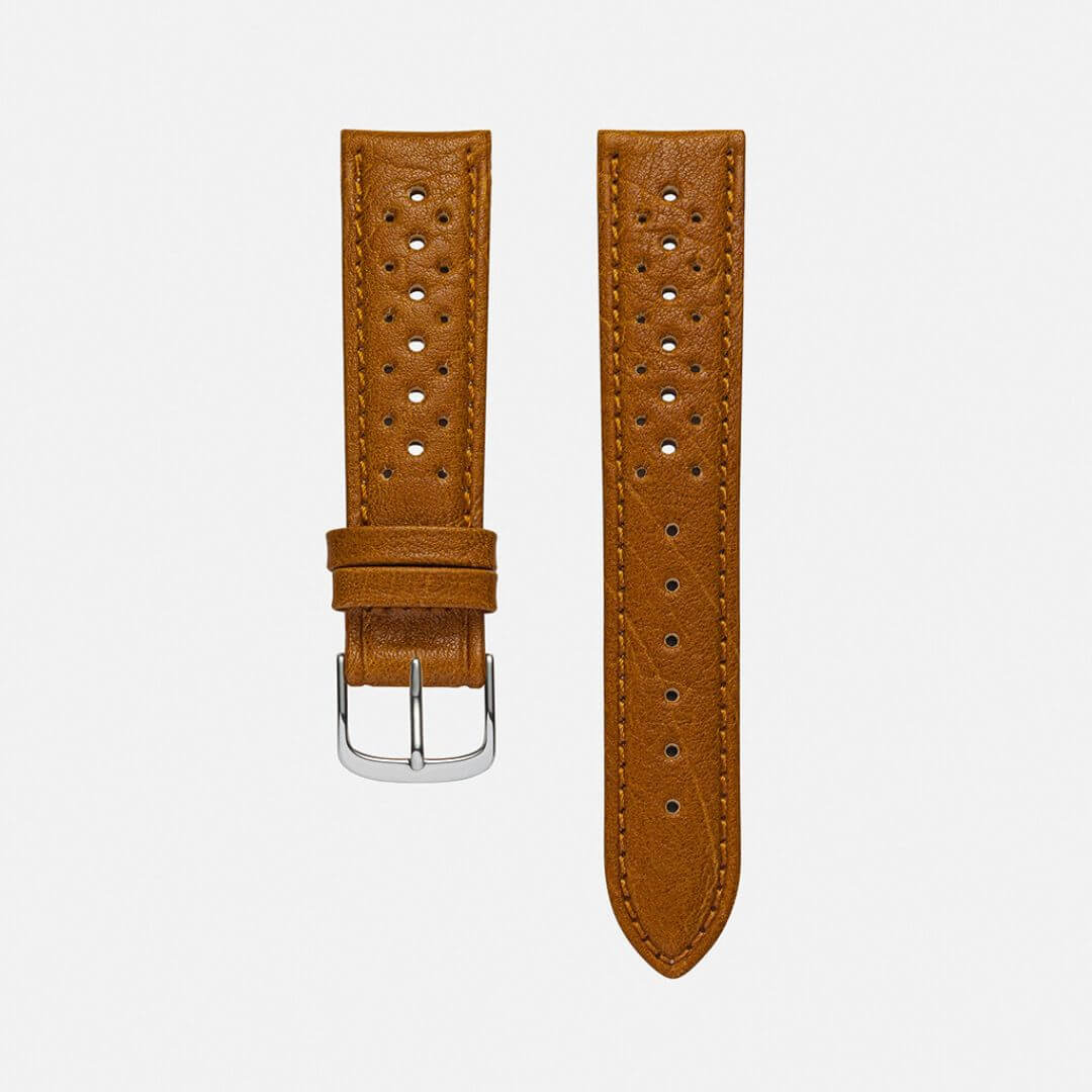 Gelochtes Racing Uhrenarmband aus whisky farbenem Leder – bombiertes Design von FLUCO