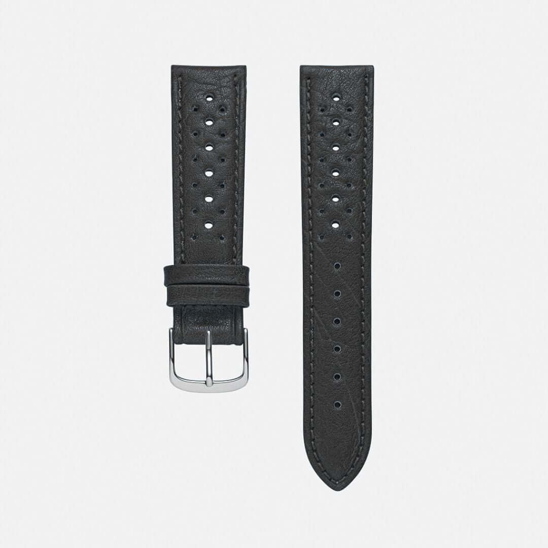 Elegantes schwarzes Lederarmband für Uhren von FLUCO mit weißer Naht, Made in Germany