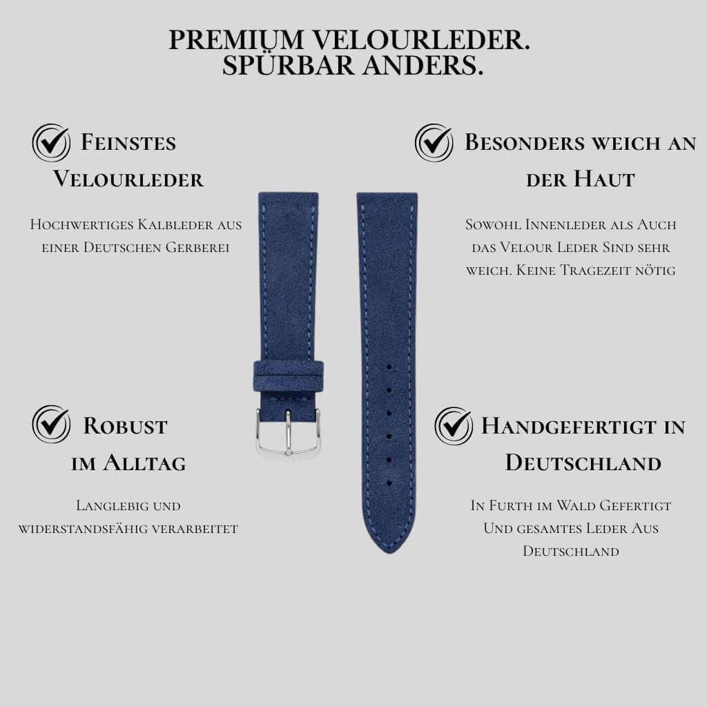 Nizza – Uhrenarmband aus feinem Wildleder, handgefertigt aus feinstem Veloursleder in Deutschland.