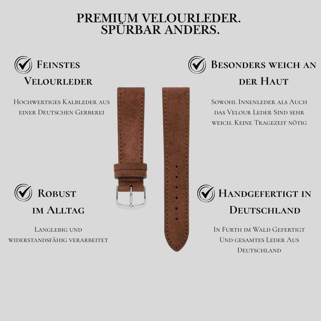 Nizza – Uhrenarmband aus feinem Wildleder mit Informationen zu Veloursleder und handgefertigter Qualität aus Deutschland.