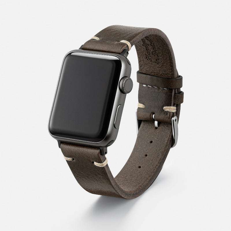 Detailansicht des grauen Apple Watch Armband Leder Herren, elegantes Design für den täglichen Gebrauch.