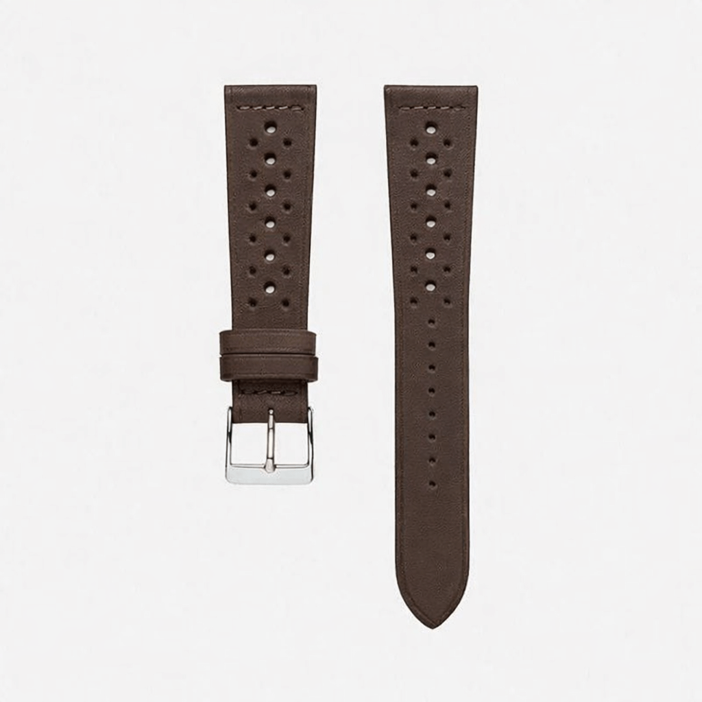 Paris Racing – Armband aus Barenia-Leder mit sportlicher Lochprägung, hochwertige Uhrband in Braun, handgefertigt in Frankreich.