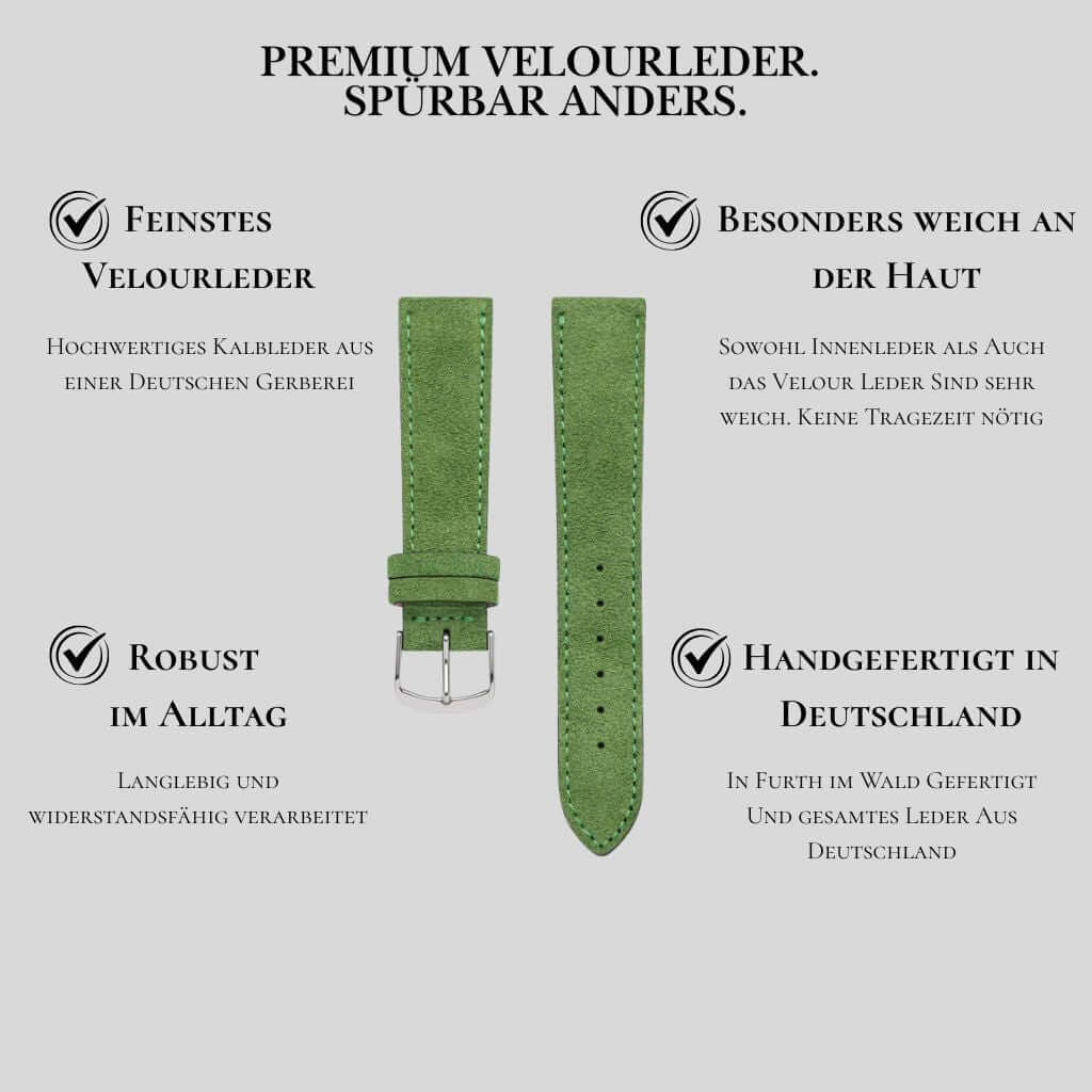 Nizza – Uhrenarmband aus feinem Wildleder in grünem Premium Velourleder, handgefertigt in Deutschland.