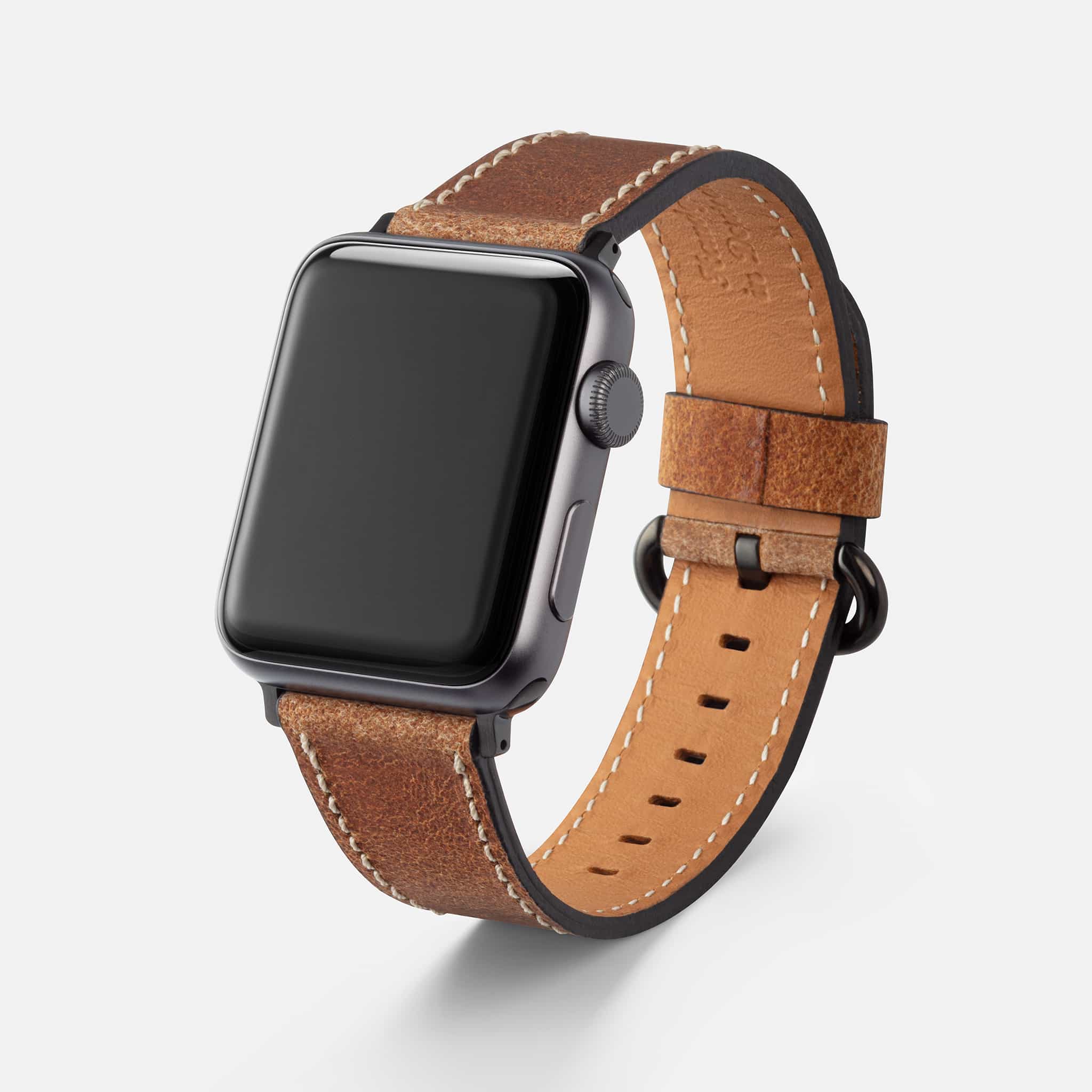 Stylisches Apple Watch Lederarmband Vintage in braun, das an einer Apple Watch sitzt. Perfekt geeignet für die Modelle 38mm, 42mm, 44mm und 45mm. Ideal für einen eleganten Alltagslook.