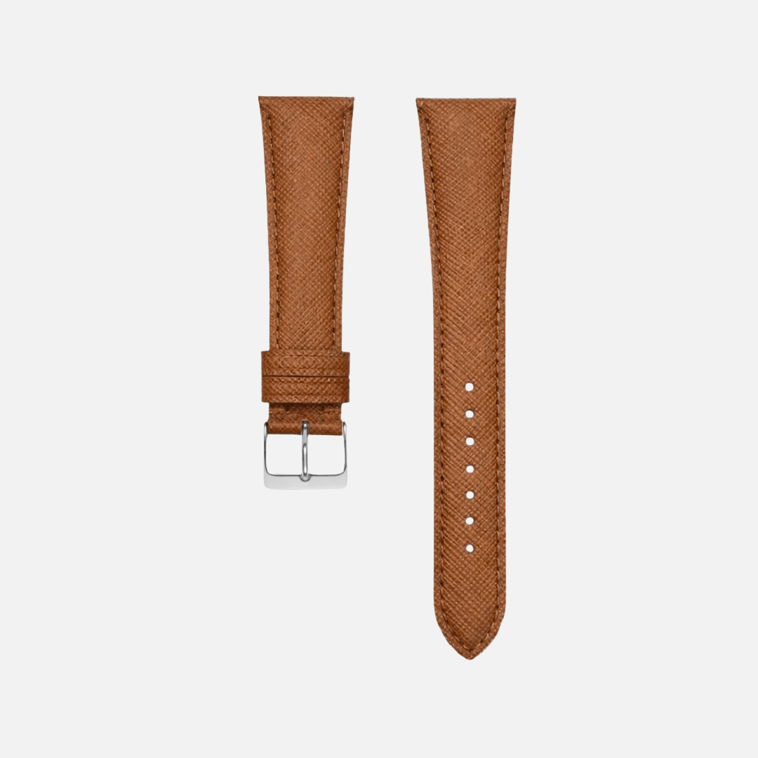 Saffiano – Uhrenarmband mit charakteristischer Saffiano Kreuzprägung in braunem Kalbleder.