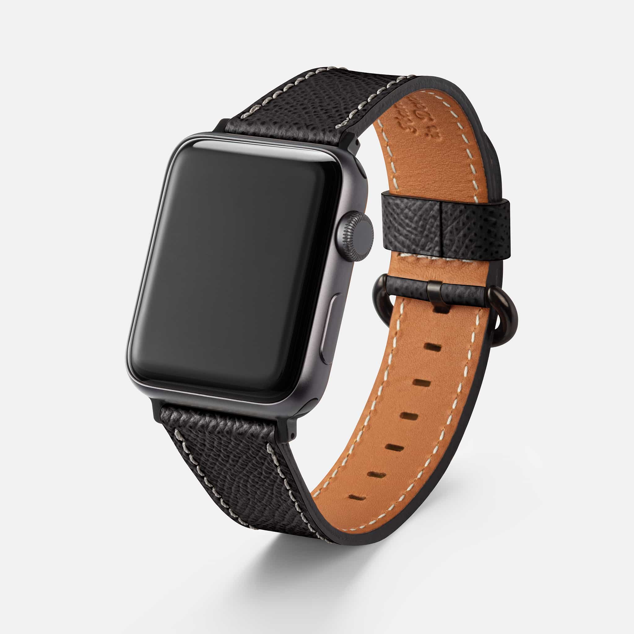 Schwarzes Epsom Leder-Armband für Apple Watch – Hochwertiges, handgefertigtes Lederarmband aus strapazierfähigem Epsom-Leder, Freistelleransicht mit Apple Watch