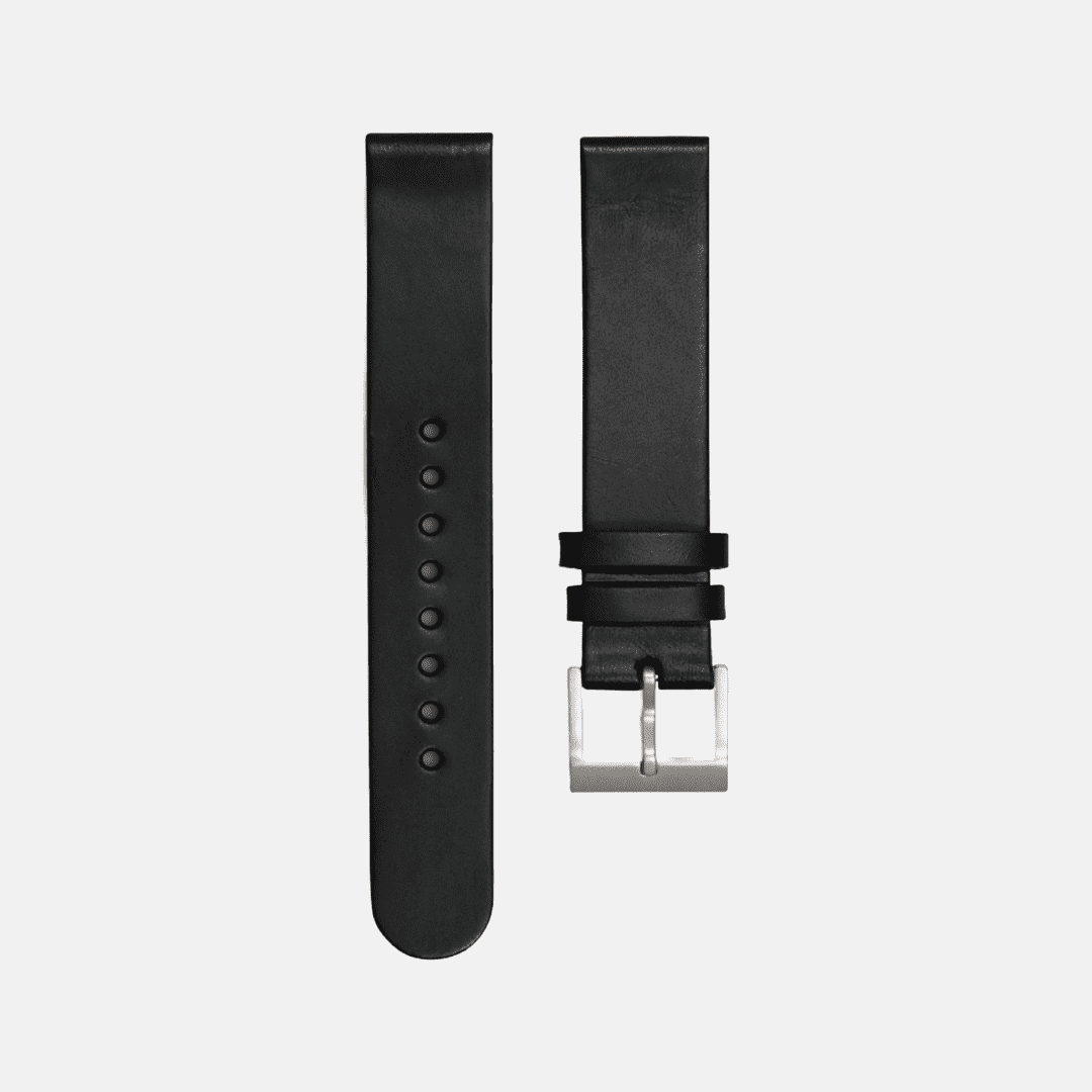 Schwarzes Ersatzband für Instrmnt Everyday Watch – Vorderansicht des strapazierfähigen, handgefertigten Ersatzbandes aus hochwertigem schwarzem Leder, das für seine edle Textur und Langlebigkeit bekannt ist und die Uhr mit einem modernen, eleganten Look ergänzt.