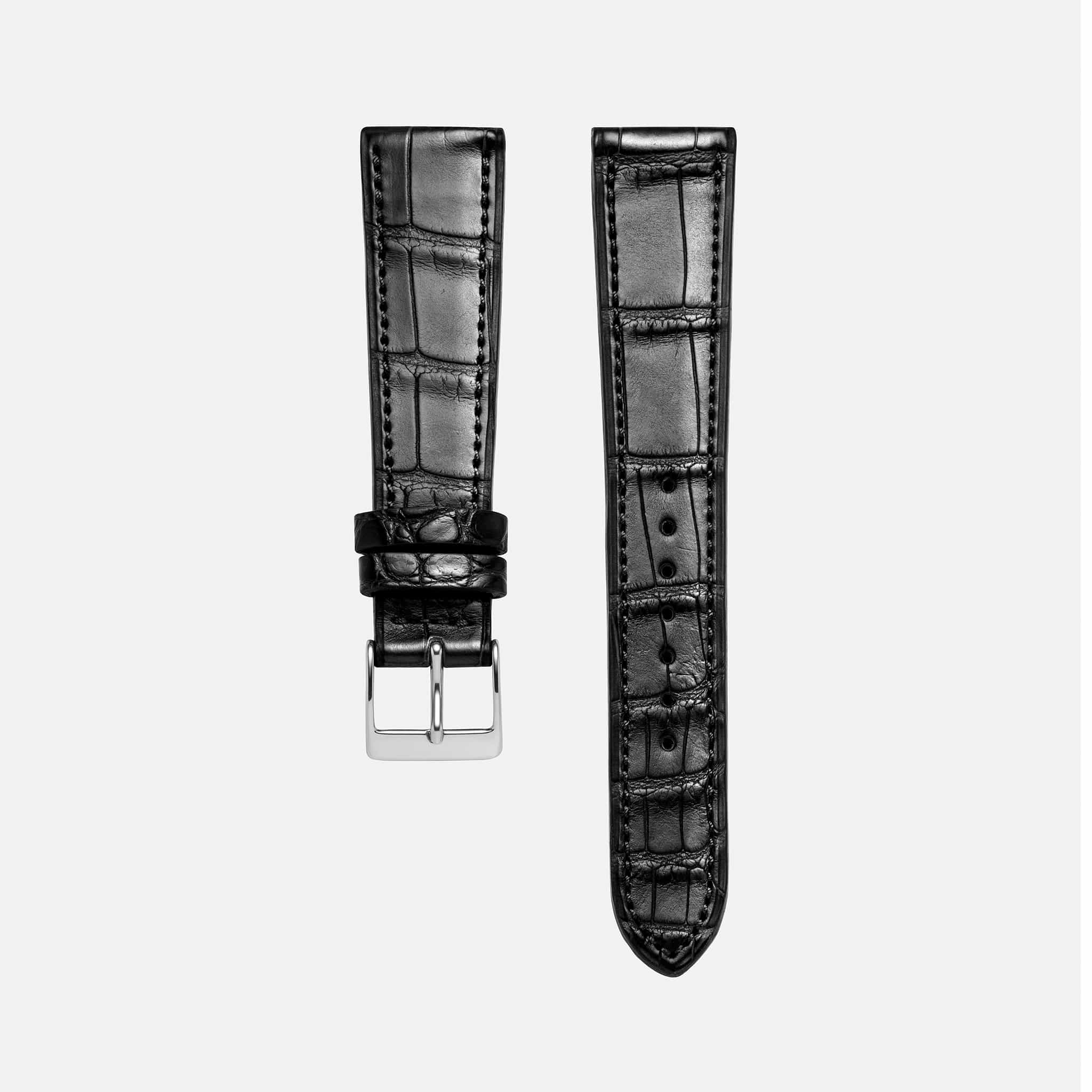 Schwarzes Fluco Alligatorleder Uhrenarmband – Freisteller des hochwertigen Alligatorlederarmbands, Made in Germany, ideal für luxuriöse Zeitmesser wie die Rolex