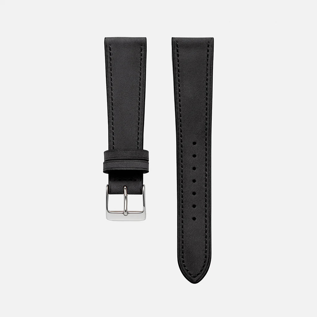 Schwarzes Nubuck Leder Uhrenarmband – Vorderansicht des strapazierfähigen, handgefertigten Uhrenarmbands aus hochwertigem schwarzem Nubuck Leder, das für seine weiche Textur und Langlebigkeit bekannt ist