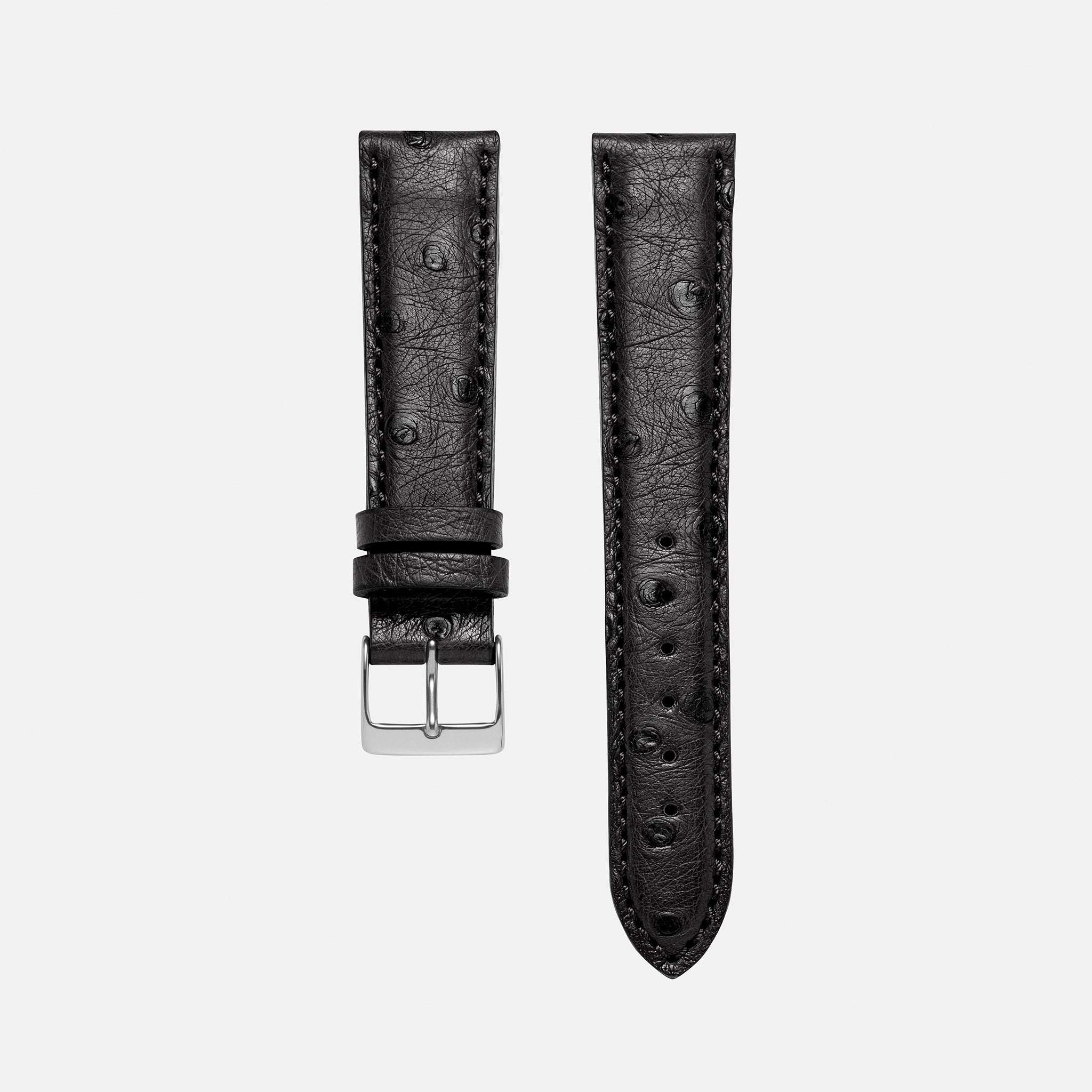 Schwarzes Straussleder Uhrenarmband – Handgefertigtes, luxuriöses Uhrenarmband aus hochwertigem schwarzem Straussleder, strapazierfähig und elegant, ideal für sportliche und luxuriöse Zeitmesser