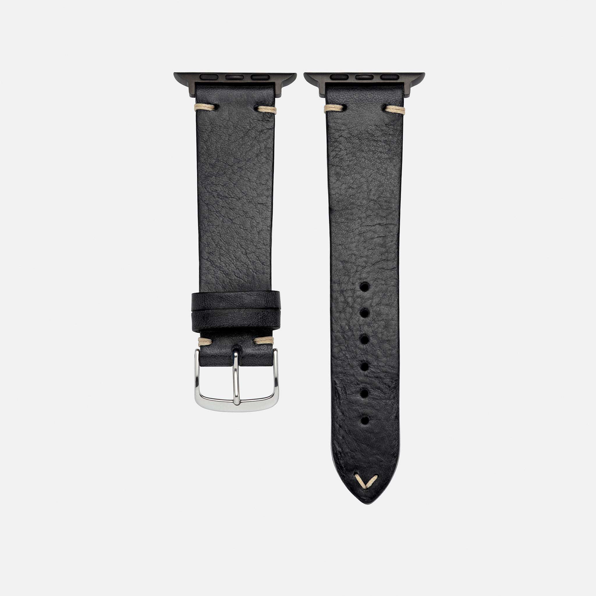 Detailansicht des schwarzen Apple Watch Armband Leder Herren, optimal für die Apple Watch.