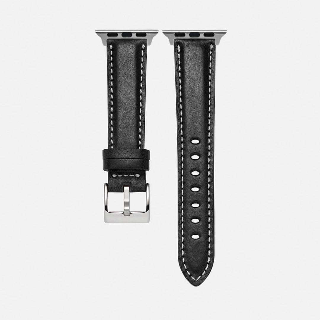 Hochwertiges Apple Watch Ultra 2 Armband Leder in Schwarz mit hellen Nähten und einer stabilen Schließe.