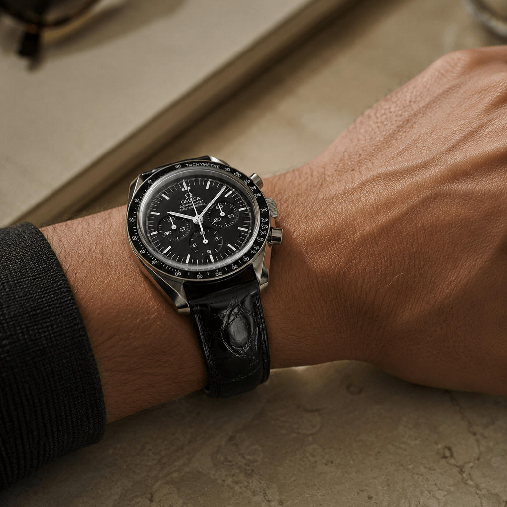 Shiny – Uhrenarmband aus glänzendem Kaimanleder an einer eleganten Omega Uhr.