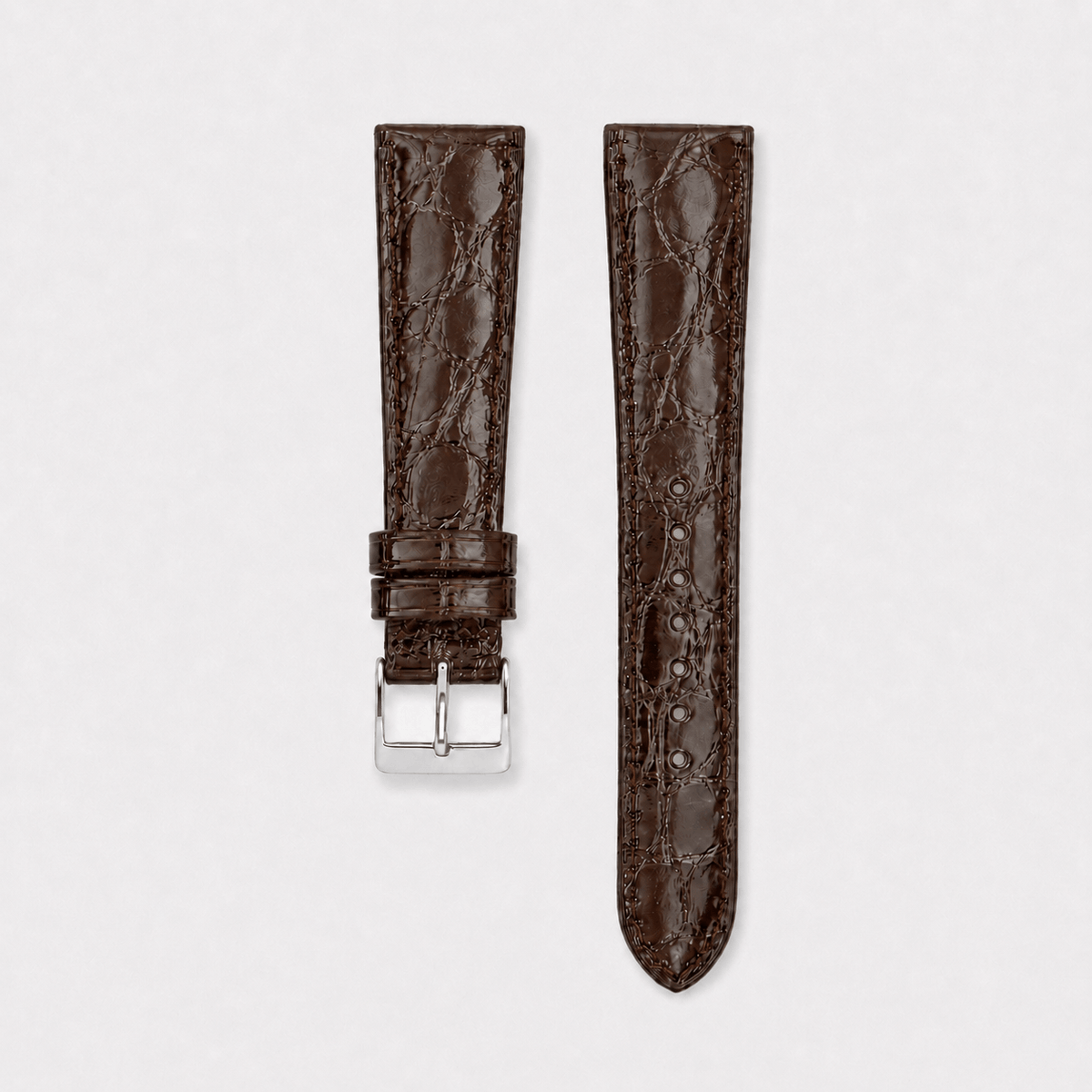 Shiny – Uhrenarmband aus glänzendem Kaimanleder in dunkelbraun, edle Handwerkskunst, Maß: M (118x75mm).