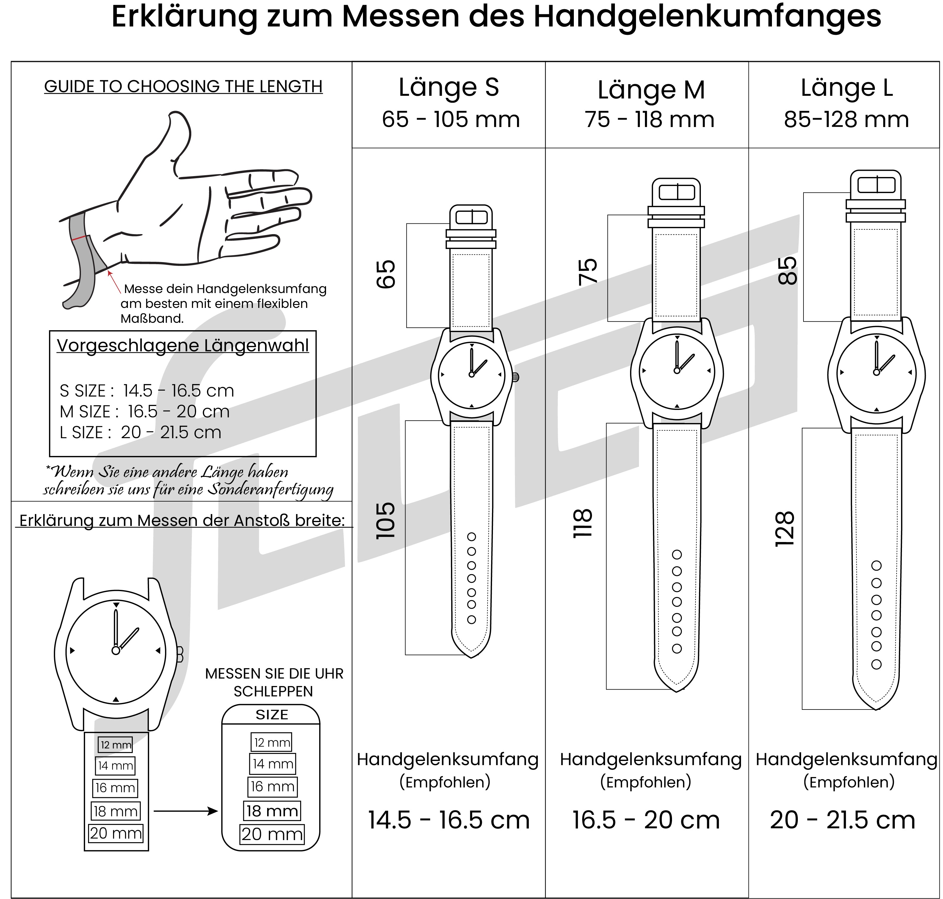 Eine Illustration, die zeigt, wie man die richtige Uhrenarmbandlänge für eine perfekte Passform bestimmt. Das Bild erklärt, wie man das Handgelenk misst und die Armbandlänge entsprechend anpasst, um maximalen Komfort und Stil zu gewährleisten.