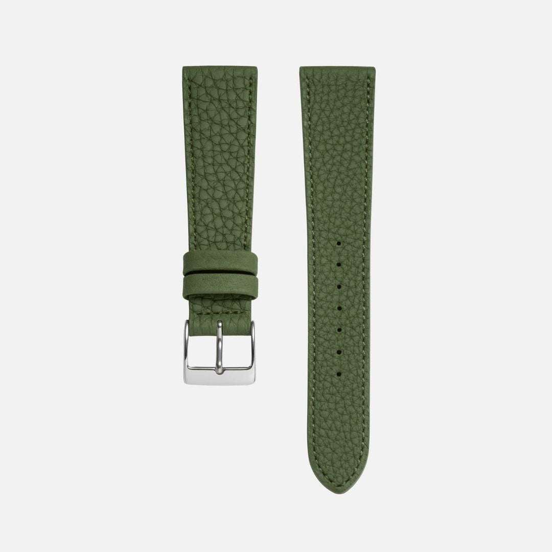 Uhrenarmband 20mm aus Togoleder in Olive, gefertigt aus hochwertigem Kalbleder der Gerberei Perlinger. Mit Ton-in-Ton-Kantenfarbe, weicher Haptik und robuster Edelstahlschließe von Craiss.