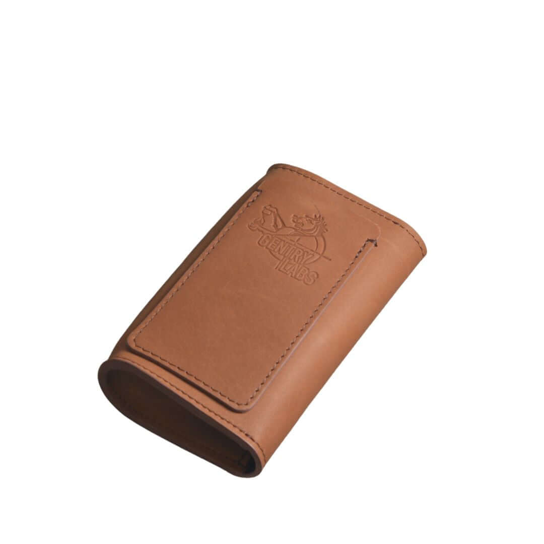 FLUCO x The Urban Gentry – Pocket Watch Case, tan leather, designed for flexibility and protection of one or two watches.