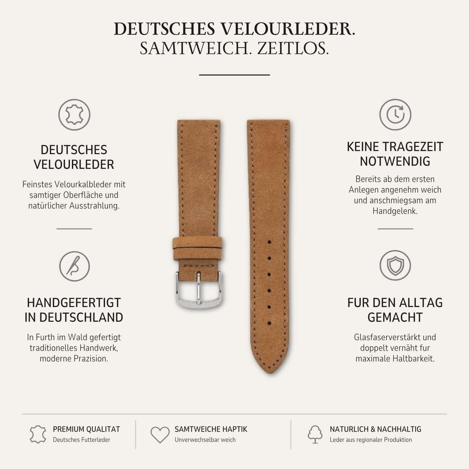 Nizza – Uhrenarmband aus feinem Wildleder, handgefertigt aus deutschem Velourleder mit samtiger Haptik.