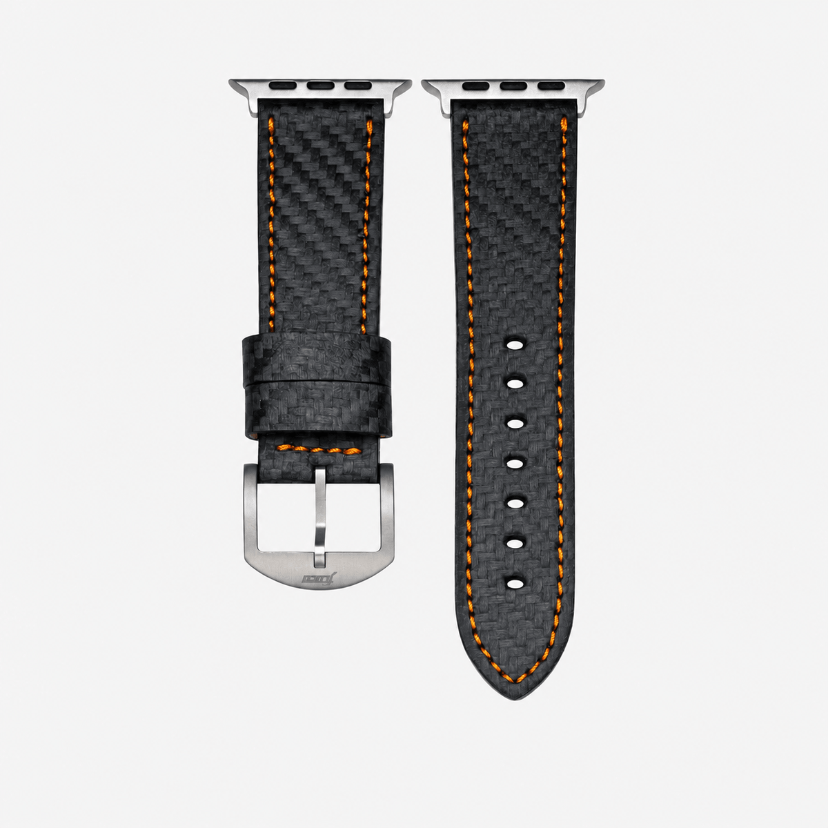 Bergwerk Carbon Orange – Apple Watch Band mit hochwertiger LederCarbon-Struktur, M-Länge, mit silberner Hardware und orangefarbenen Nähten.