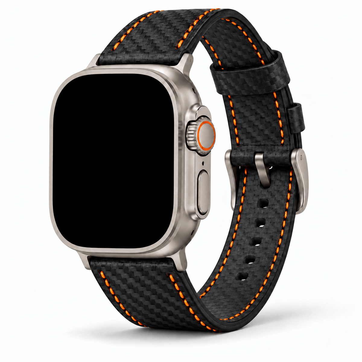 Bergwerk Carbon Orange – Apple Watch Band mit hochwertiger LederCarbon-Struktur und Carbon-Design.