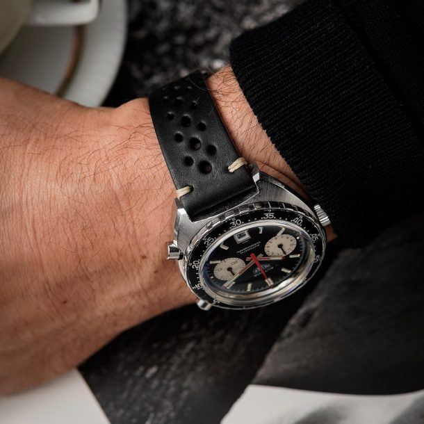 Hunter Racing black strap on a vintage Heuer watch